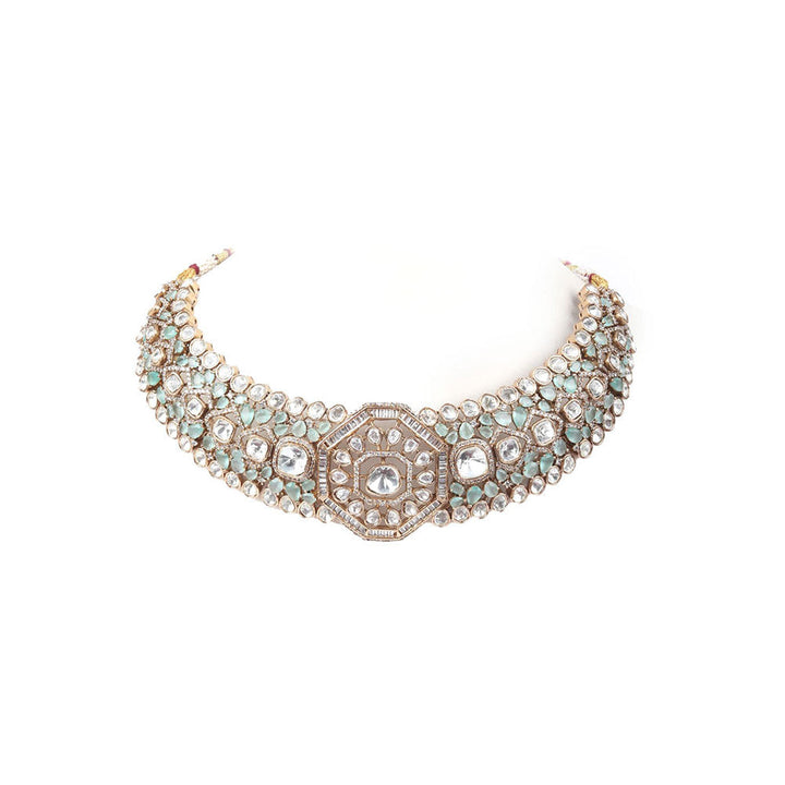 Odette Sea Green Mixed Metal Embellished Gold Plated Necklace with Earrings for Women