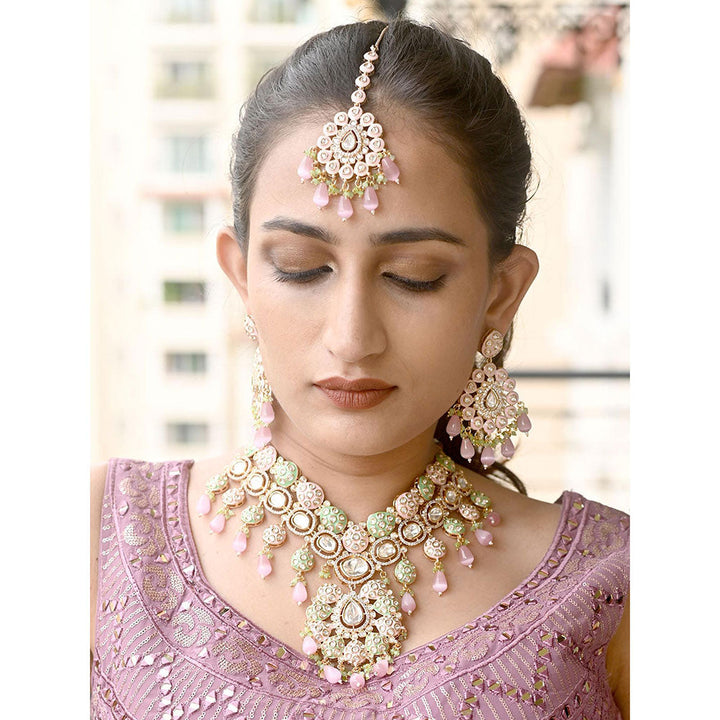 Odette Pink Mixed Metal Embellished Gold Plated Neckpiece with Earrings & Maangtikka for Women