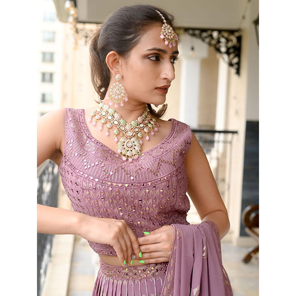 Odette Pink Mixed Metal Embellished Gold Plated Neckpiece with Earrings & Maangtikka for Women