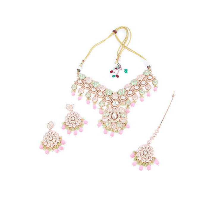 Odette Pink Mixed Metal Embellished Gold Plated Neckpiece with Earrings & Maangtikka for Women