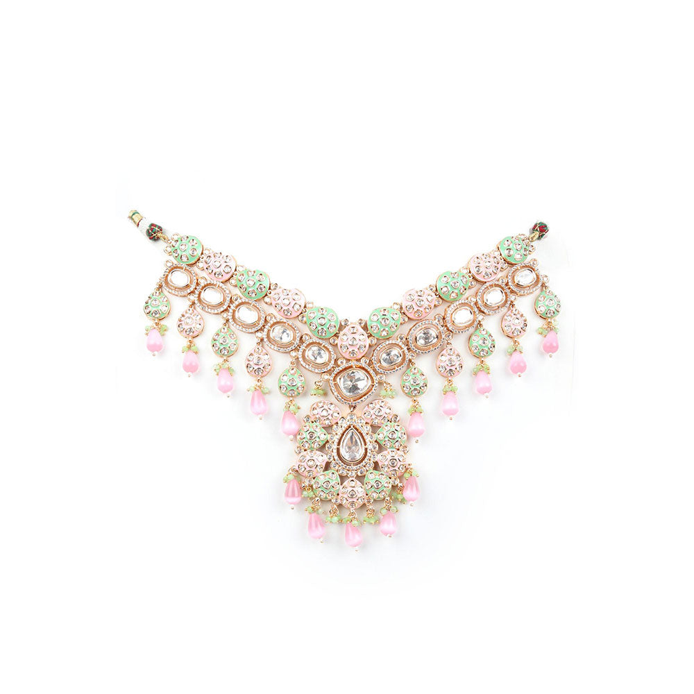 Odette Pink Mixed Metal Embellished Gold Plated Neckpiece with Earrings & Maangtikka for Women