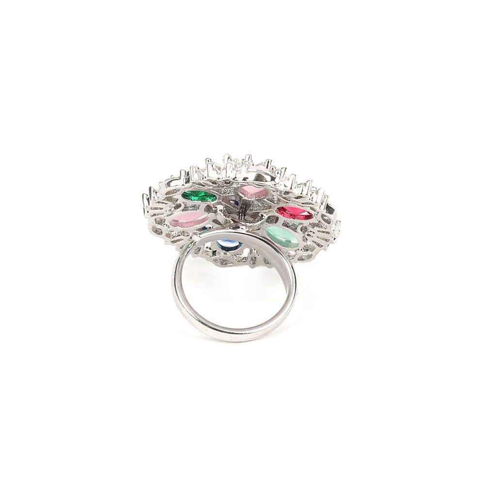 Odette Multi-Color Embellished Silver Plated Ring for Women