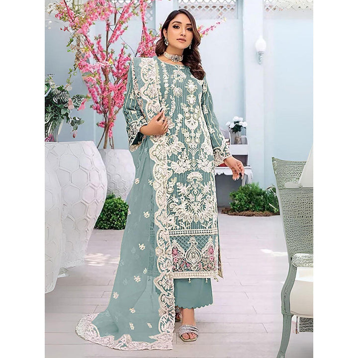 Odette Sea Green Embroidered Georgette Semi Stitched Kurta With Pant & Dupatta (Set of 3)