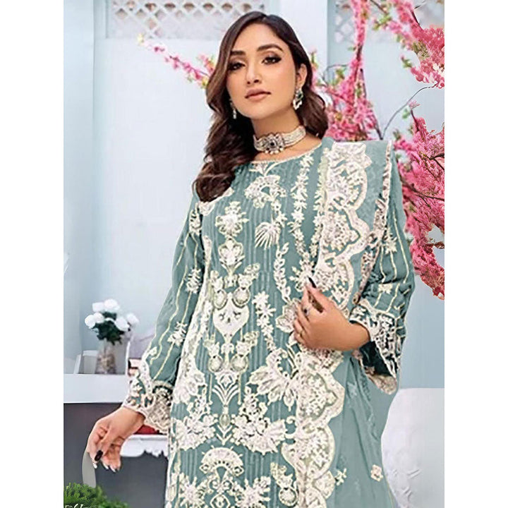 Odette Sea Green Embroidered Georgette Semi Stitched Kurta With Pant & Dupatta (Set of 3)