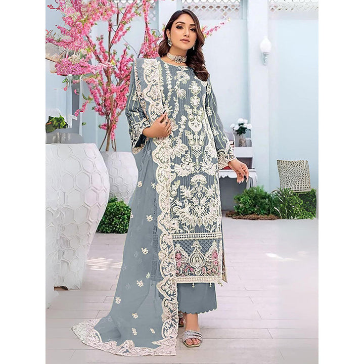 Odette Grey Embroidered Georgette Semi Stitched Kurta With Pant & Dupatta (Set of 3)