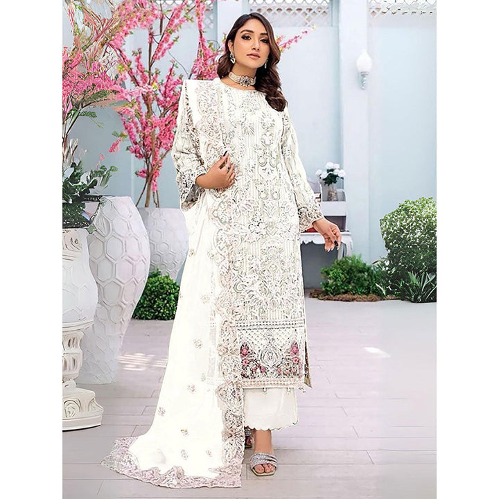 Odette White Embroidered Georgette Semi Stitched Kurta With Pant & Dupatta (Set of 3)