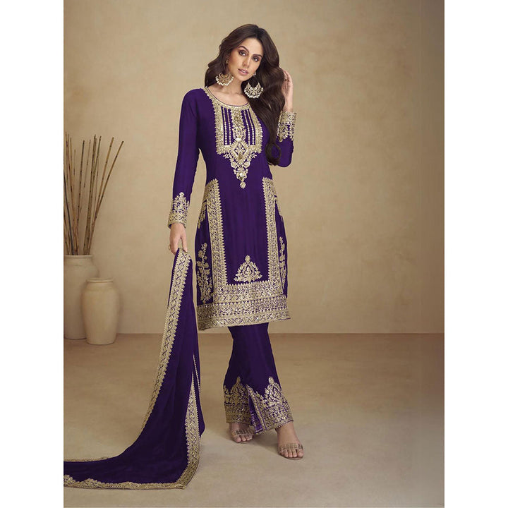 Odette Purple Embroidered Georgette Semi Stitched Kurta With Pant & Dupatta (Set of 3)