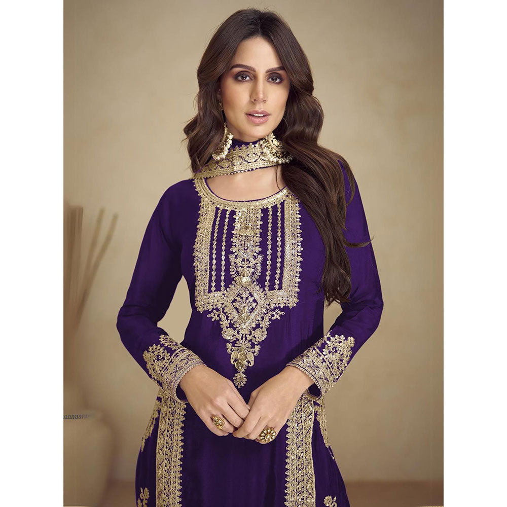 Odette Purple Embroidered Georgette Semi Stitched Kurta With Pant & Dupatta (Set of 3)