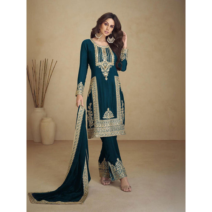 Odette Teal Embroidered Georgette Semi Stitched Kurta With Pant & Dupatta (Set of 3)