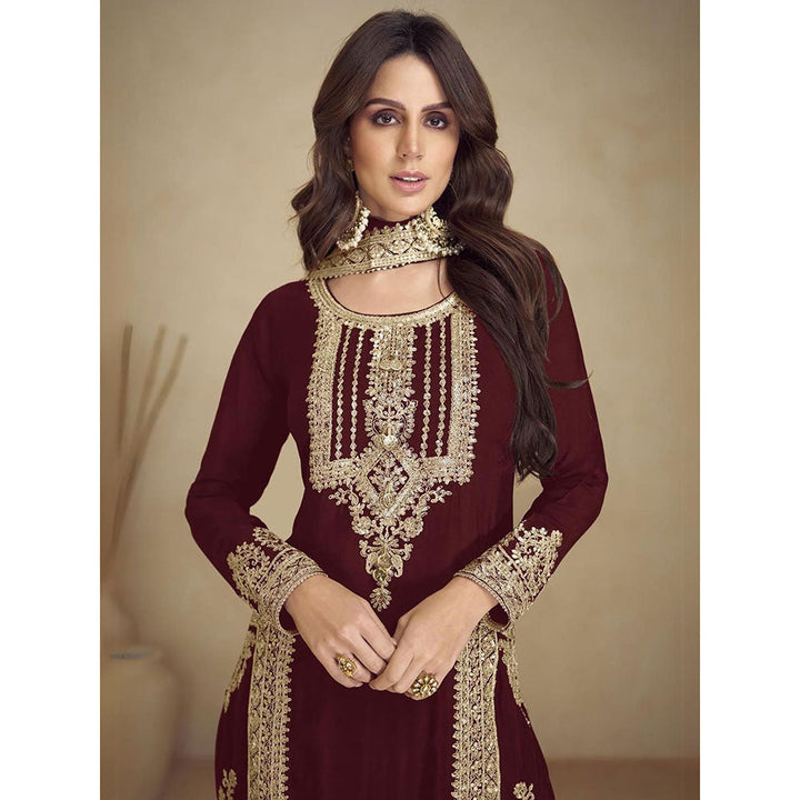 Odette Maroon Embroidered Georgette Semi Stitched Kurta With Pant & Dupatta (Set of 3)