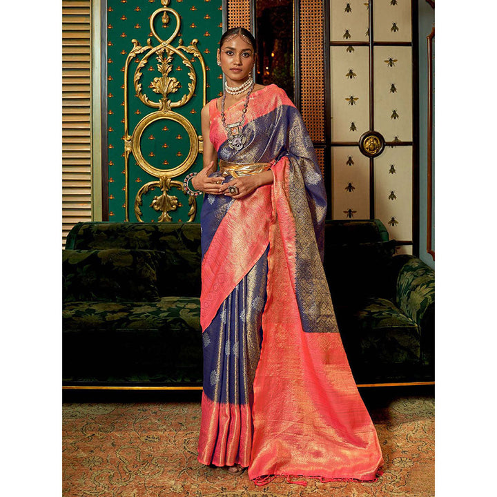 Odette Blue Silk Blend Woven Saree with Unstitched Blouse