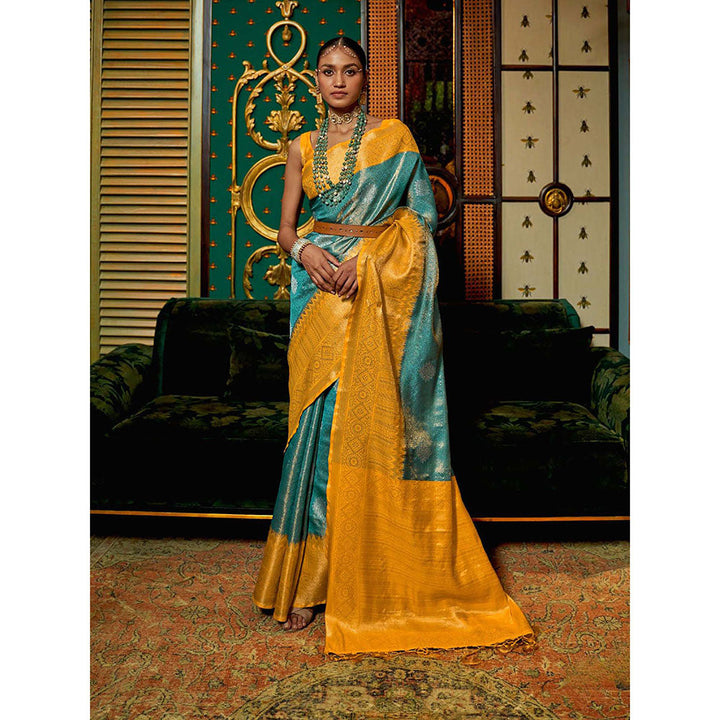 Odette Blue Silk Blend Woven Saree with Unstitched Blouse