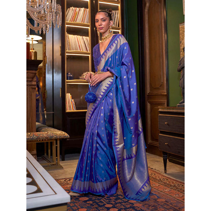 Odette Blue Silk Blend Woven Saree with Unstitched Blouse