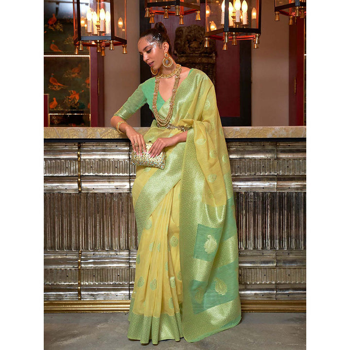 Odette Green Linen Woven Saree with Unstitched Blouse