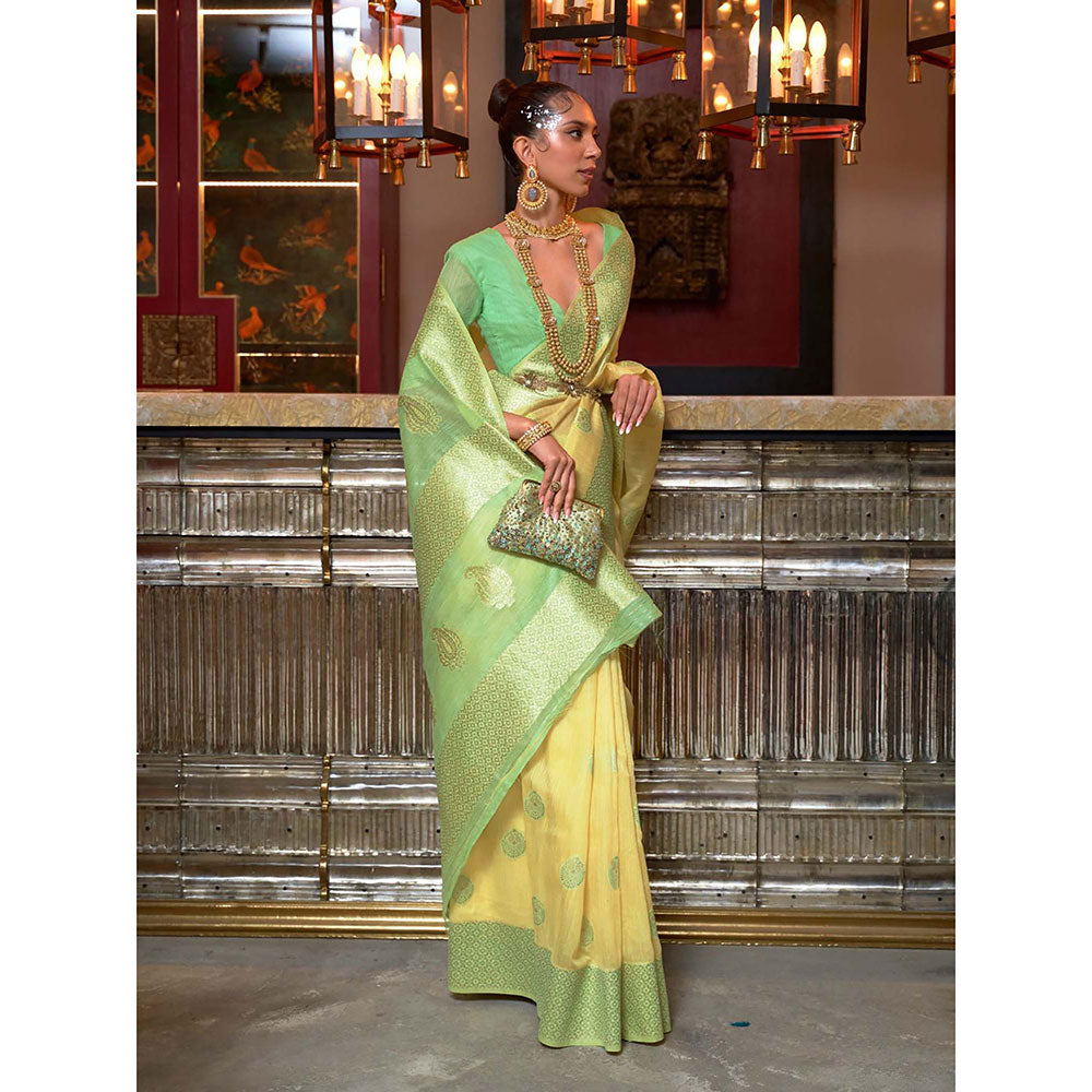 Odette Green Linen Woven Saree with Unstitched Blouse