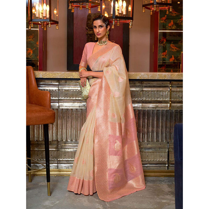 Odette Pink Linen Woven Saree with Unstitched Blouse