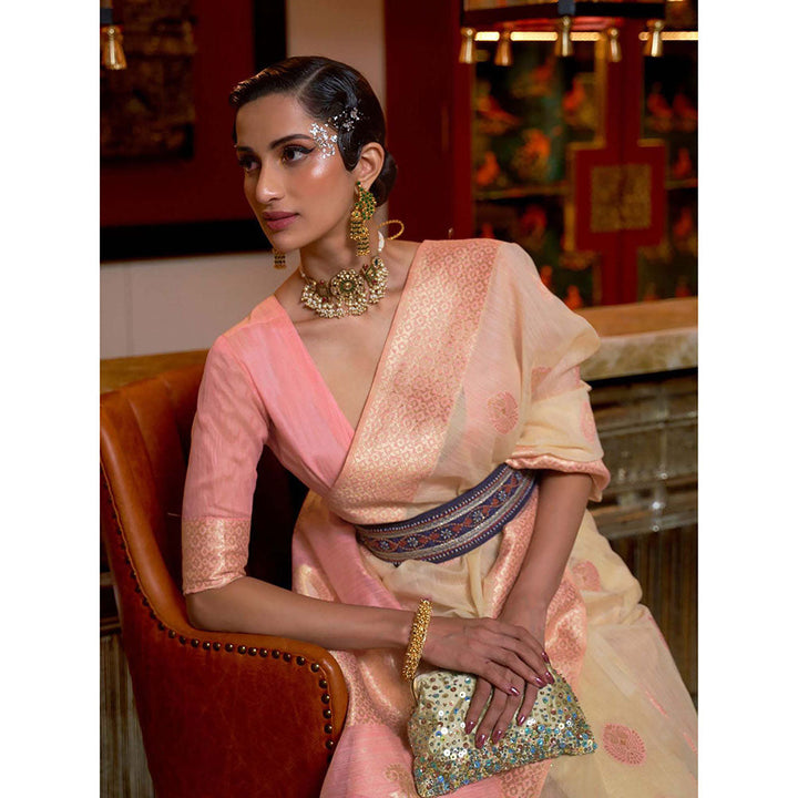 Odette Pink Linen Woven Saree with Unstitched Blouse