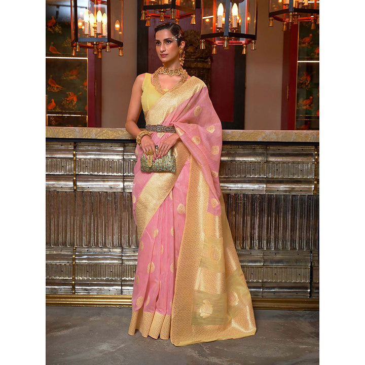 Odette Pink Linen Woven Saree with Unstitched Blouse