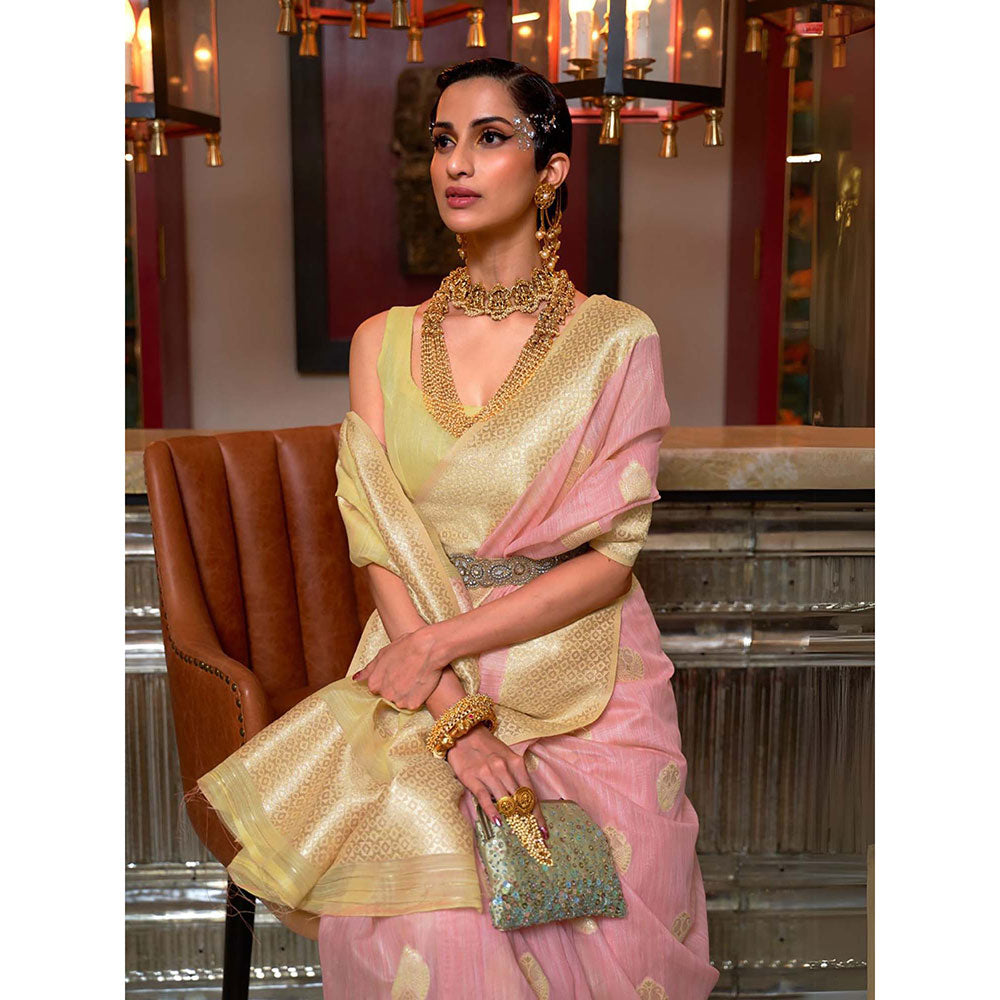 Odette Pink Linen Woven Saree with Unstitched Blouse