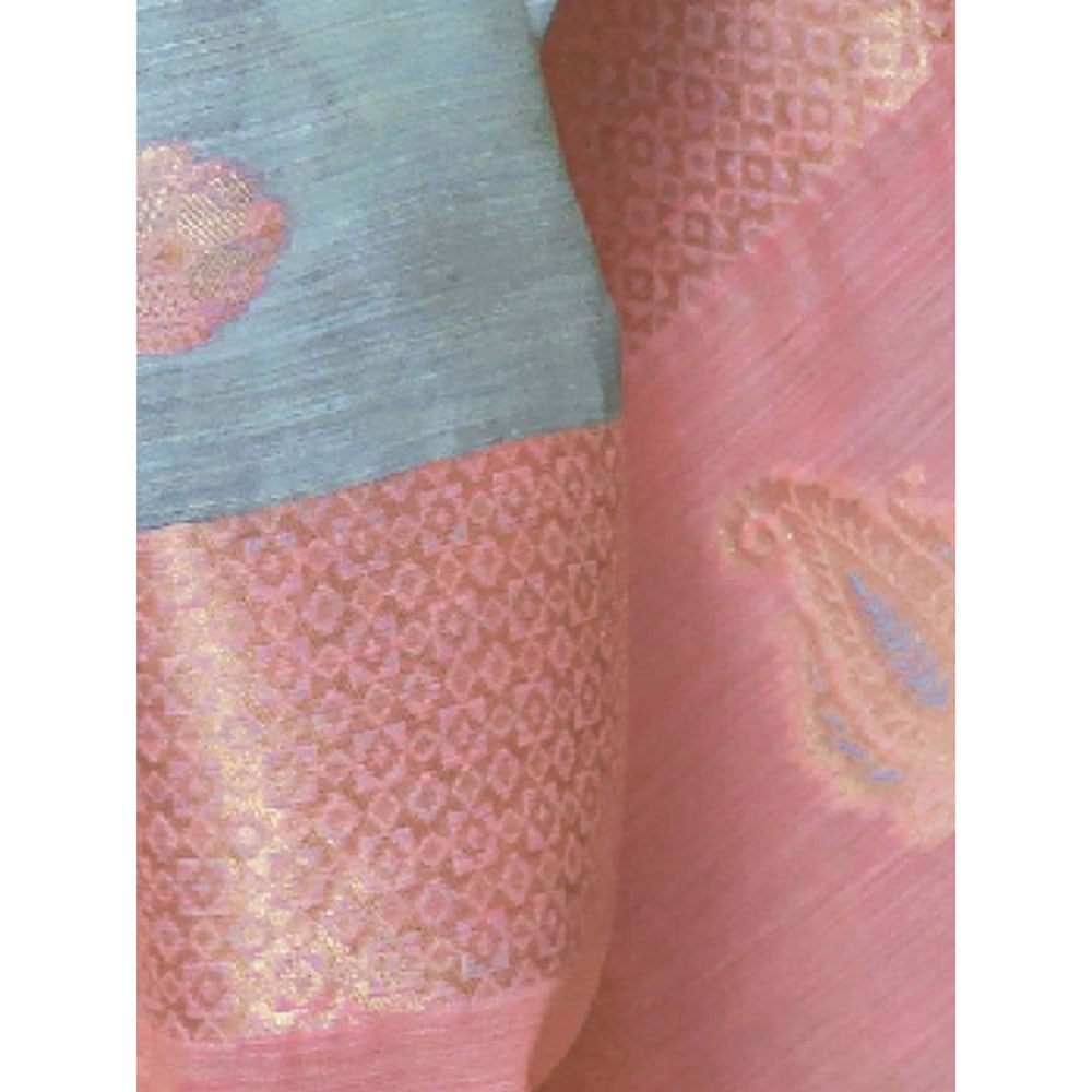 Odette Blue Linen Woven Saree with Unstitched Blouse