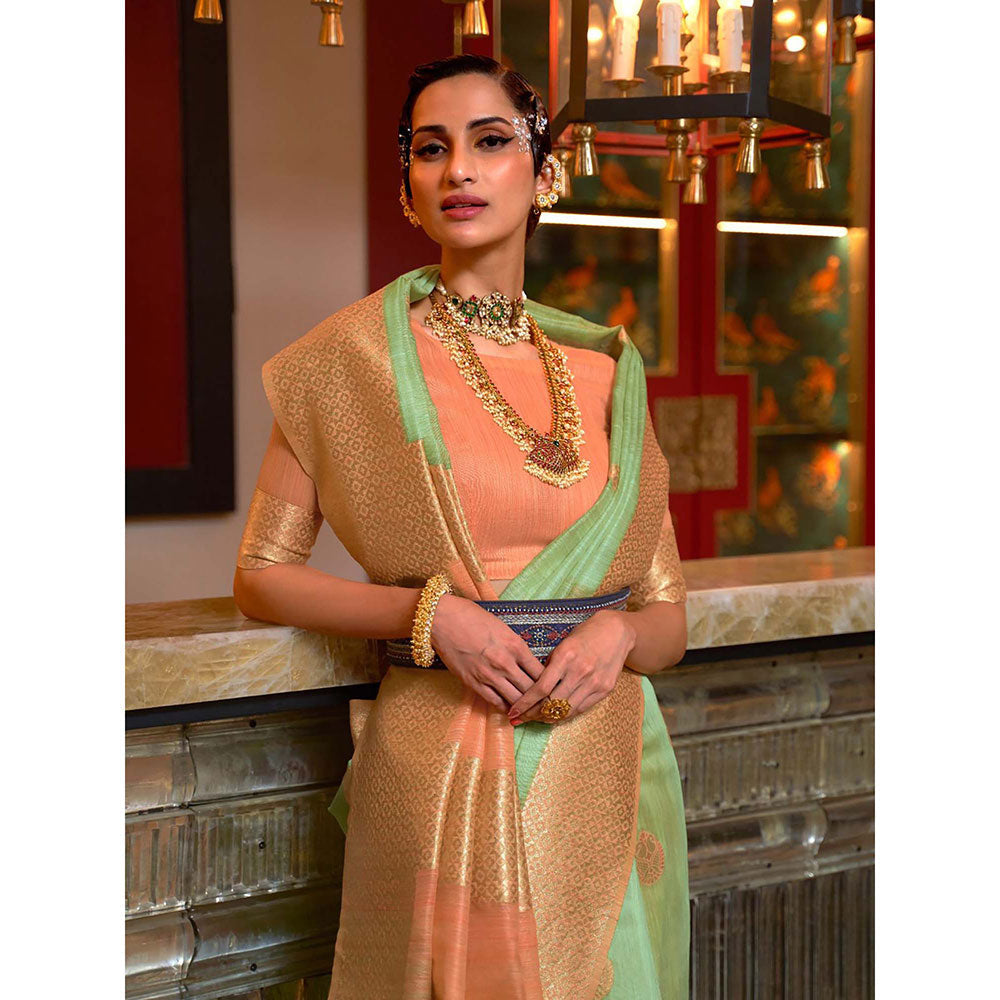 Odette Green Linen Woven Saree with Unstitched Blouse