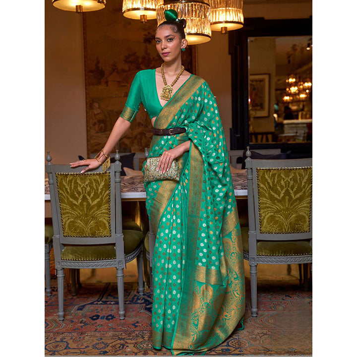 Odette Green Silk Blend Woven Saree with Unstitched Blouse