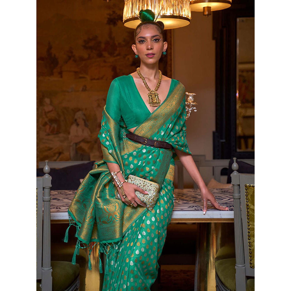 Odette Green Silk Blend Woven Saree with Unstitched Blouse