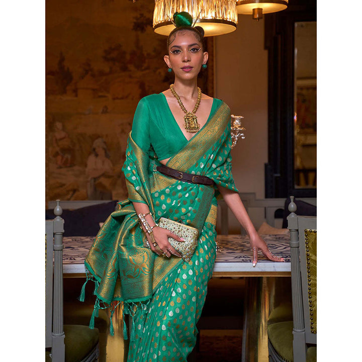 Odette Green Silk Blend Woven Saree with Unstitched Blouse