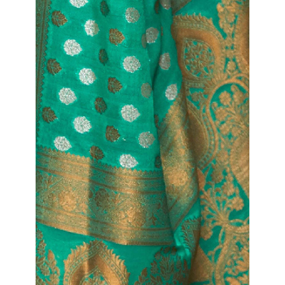 Odette Green Silk Blend Woven Saree with Unstitched Blouse