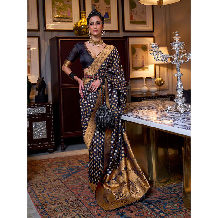 Odette Black Silk Blend Woven Saree with Unstitched Blouse