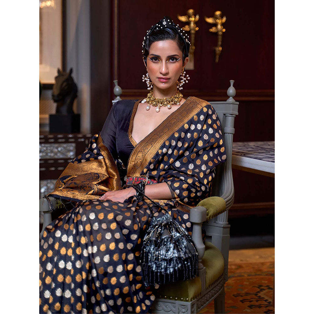 Odette Black Silk Blend Woven Saree with Unstitched Blouse