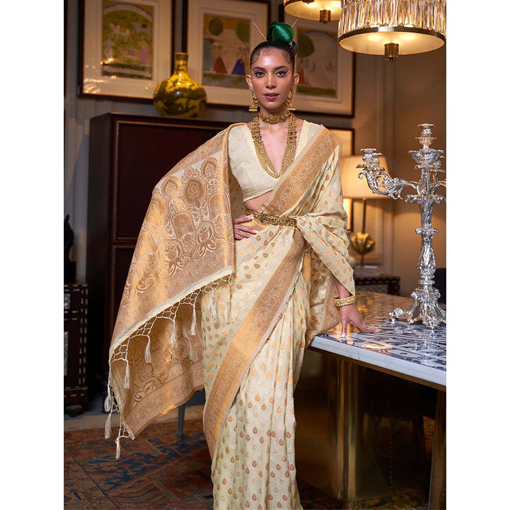 Odette Off White Silk Blend Woven Saree with Unstitched Blouse