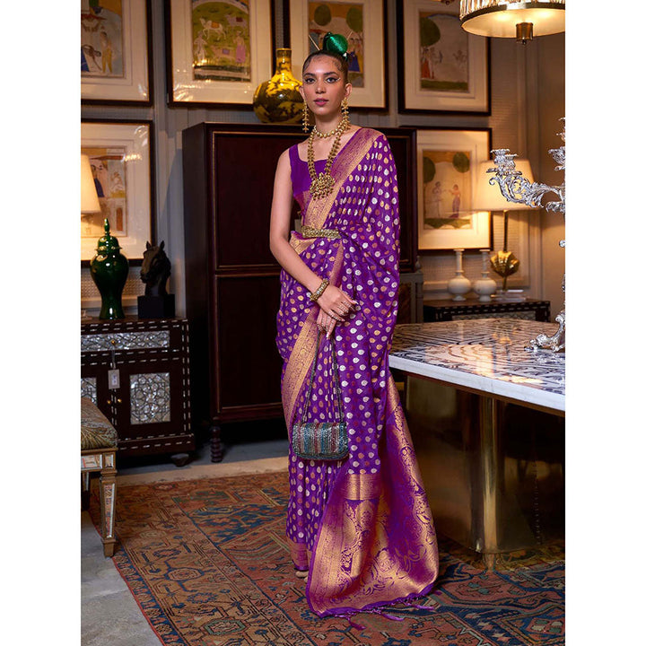 Odette Purple Silk Blend Woven Saree with Unstitched Blouse