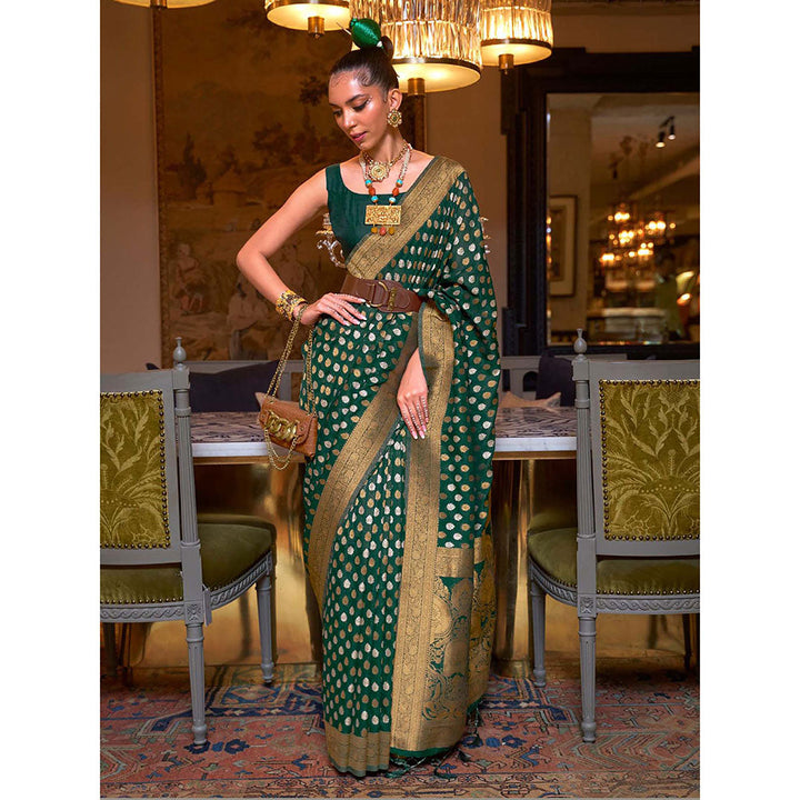 Odette Green Silk Blend Woven Saree with Unstitched Blouse