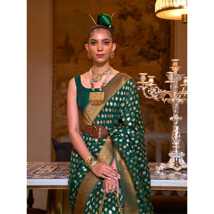 Odette Green Silk Blend Woven Saree with Unstitched Blouse