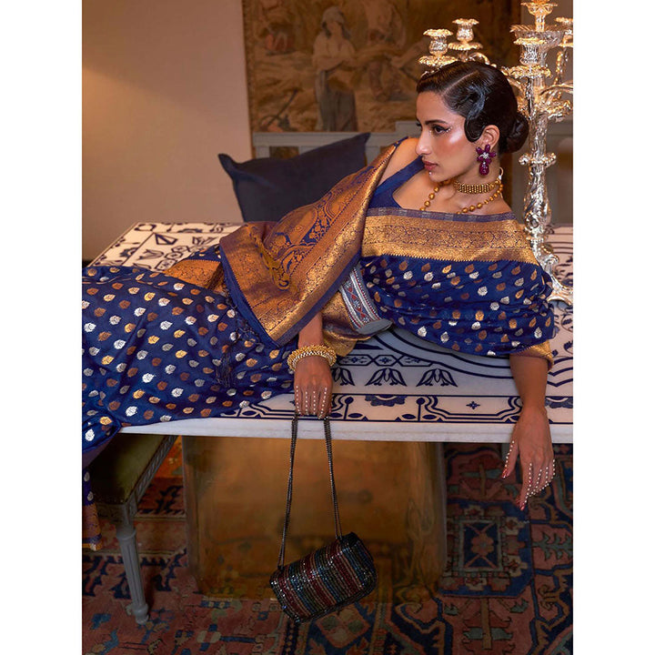 Odette Navy Blue Silk Blend Woven Saree with Unstitched Blouse