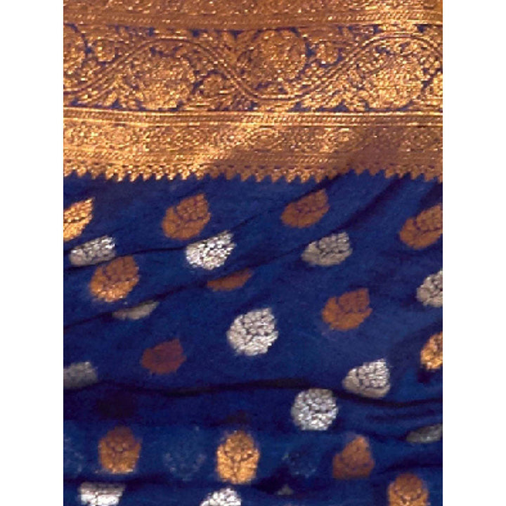 Odette Navy Blue Silk Blend Woven Saree with Unstitched Blouse