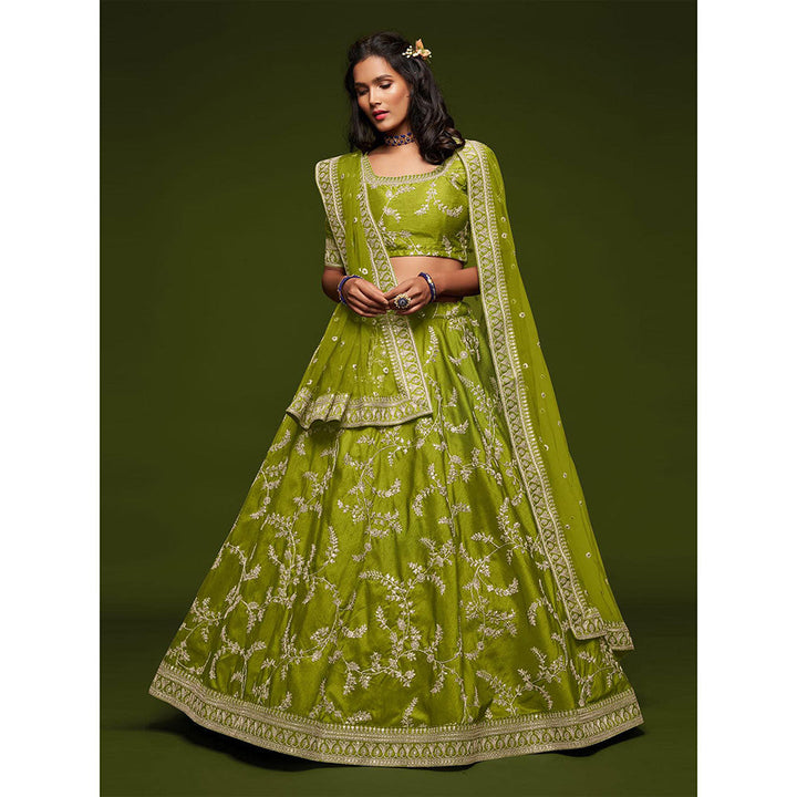 Odette Green Art Silk Embroidered Semi Stitched Lehenga with Unstitched Blouse & Dupatta (Set of 3)