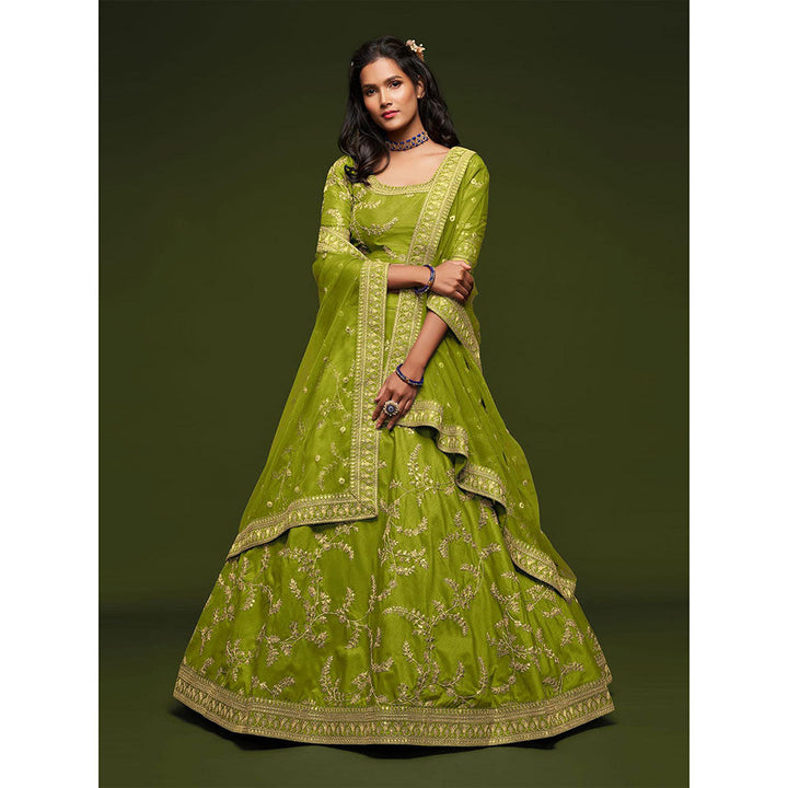 Odette Green Art Silk Embroidered Semi Stitched Lehenga with Unstitched Blouse & Dupatta (Set of 3)