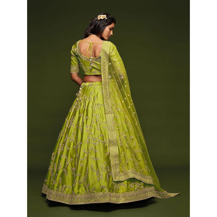 Odette Green Art Silk Embroidered Semi Stitched Lehenga with Unstitched Blouse & Dupatta (Set of 3)