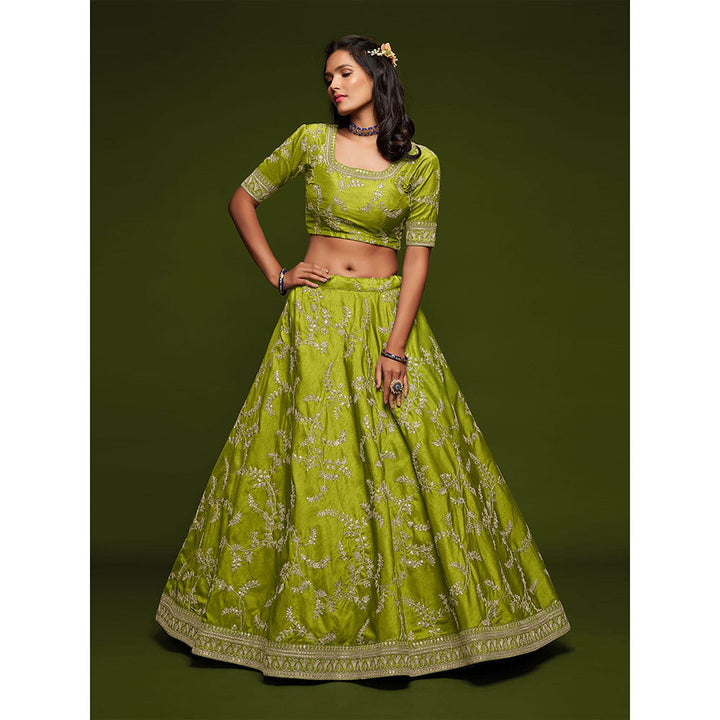 Odette Green Art Silk Embroidered Semi Stitched Lehenga with Unstitched Blouse & Dupatta (Set of 3)