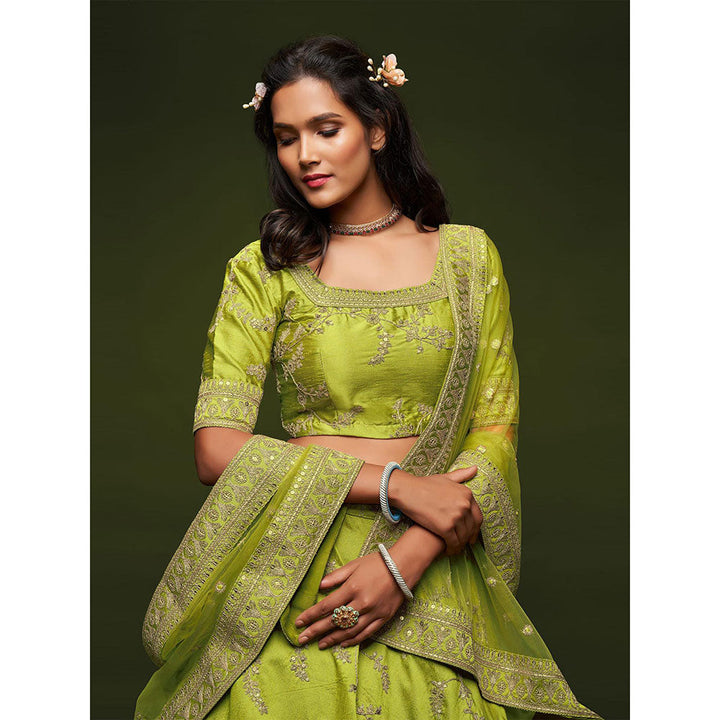 Odette Green Art Silk Embroidered Semi Stitched Lehenga with Unstitched Blouse & Dupatta (Set of 3)