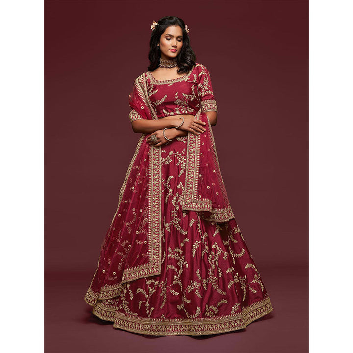 Odette Maroon Art Silk Embroidered Semi Stitched Lehenga with Unstitched Blouse & Dupatta (Set of 3)