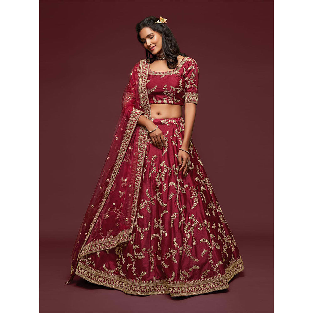 Odette Maroon Art Silk Embroidered Semi Stitched Lehenga with Unstitched Blouse & Dupatta (Set of 3)