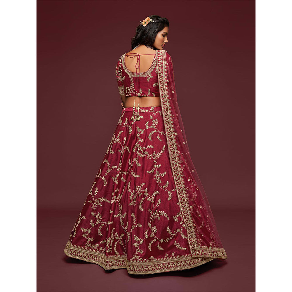 Odette Maroon Art Silk Embroidered Semi Stitched Lehenga with Unstitched Blouse & Dupatta (Set of 3)