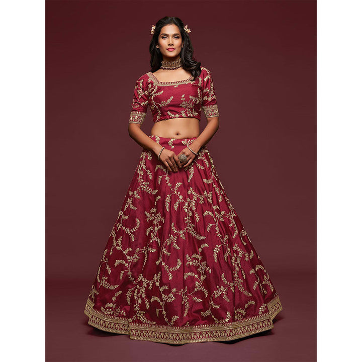 Odette Maroon Art Silk Embroidered Semi Stitched Lehenga with Unstitched Blouse & Dupatta (Set of 3)