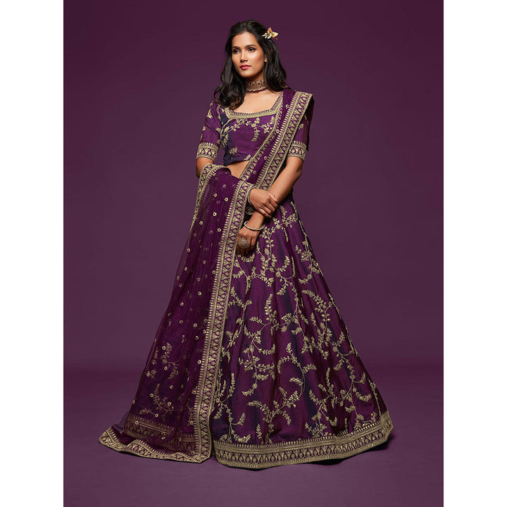 Odette Purple Art Silk Embroidered Semi Stitched Lehenga with Unstitched Blouse & Dupatta (Set of 3)