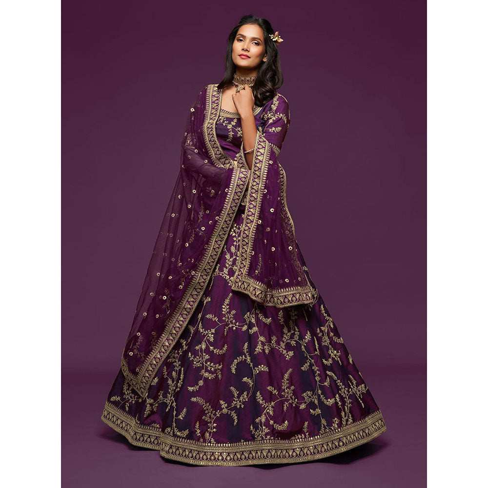 Odette Purple Art Silk Embroidered Semi Stitched Lehenga with Unstitched Blouse & Dupatta (Set of 3)