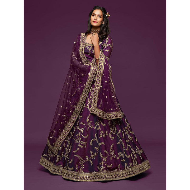 Odette Purple Art Silk Embroidered Semi Stitched Lehenga with Unstitched Blouse & Dupatta (Set of 3)