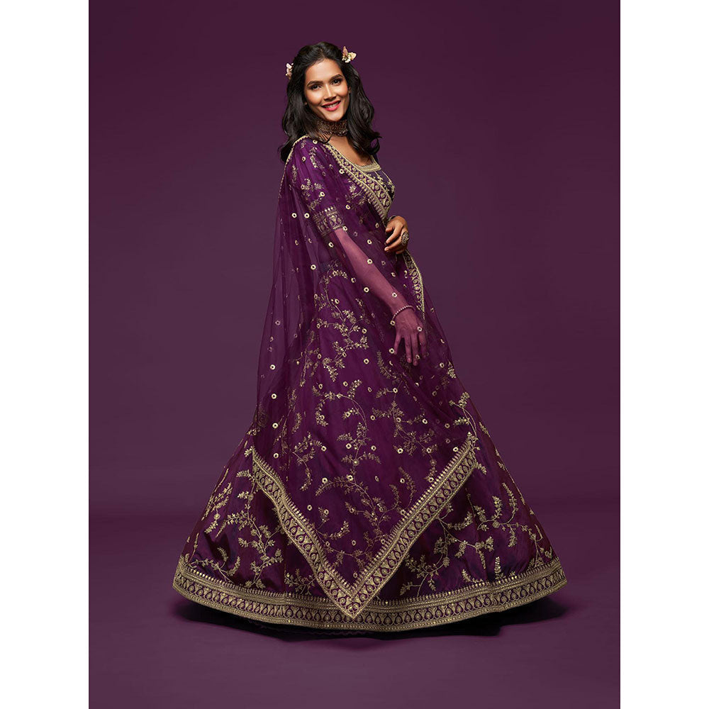 Odette Purple Art Silk Embroidered Semi Stitched Lehenga with Unstitched Blouse & Dupatta (Set of 3)